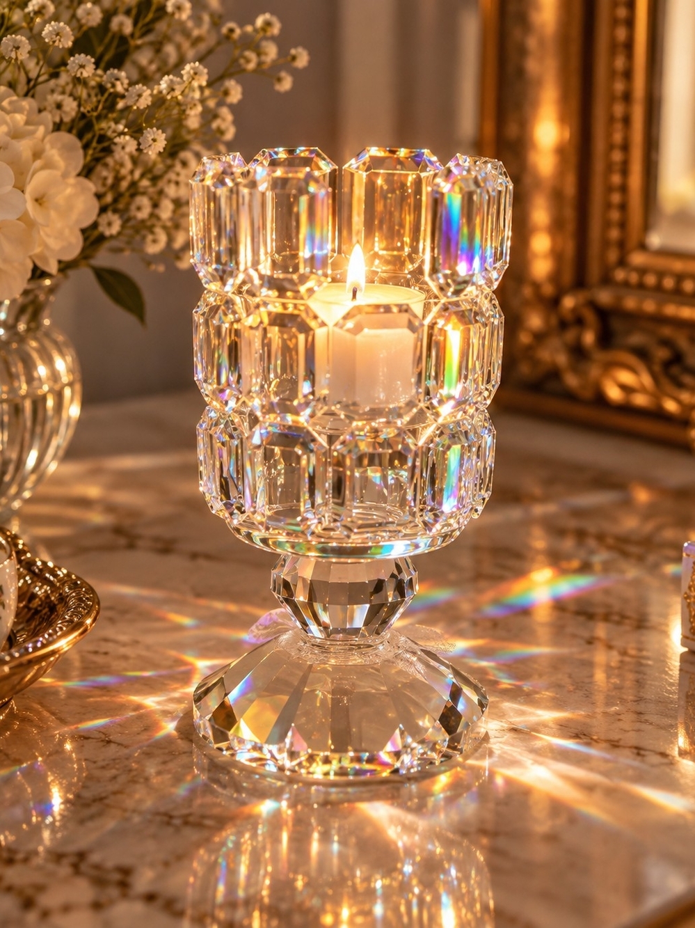 Crystal Pillar Candle Holder - Clear Crystal Accent